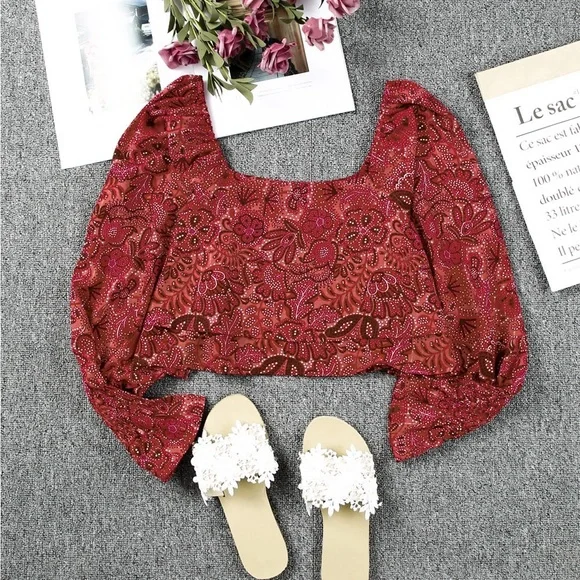 Square Neck Floral Bandana Crop Blouse Bohemian Top - Picture 10 of 15